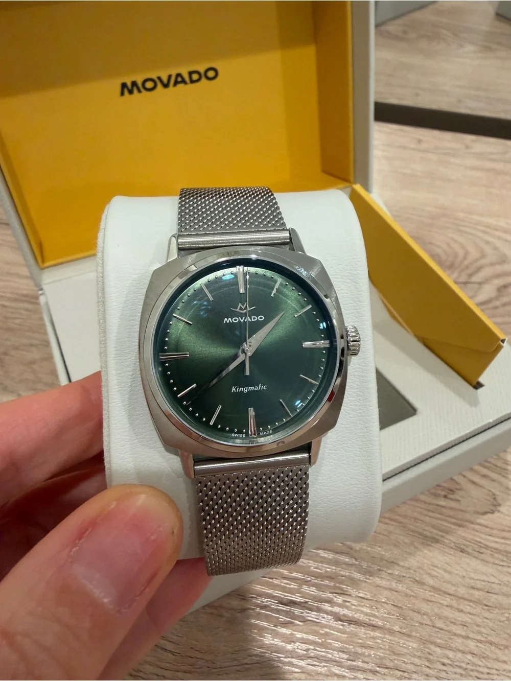 Movado Silver Watch with Green Dial and Mesh Bracelet